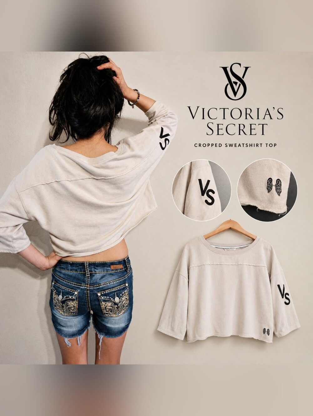 Victoria's Secret Cream Cropped Crewneck Sweatshirt with VS Sleeve Logo